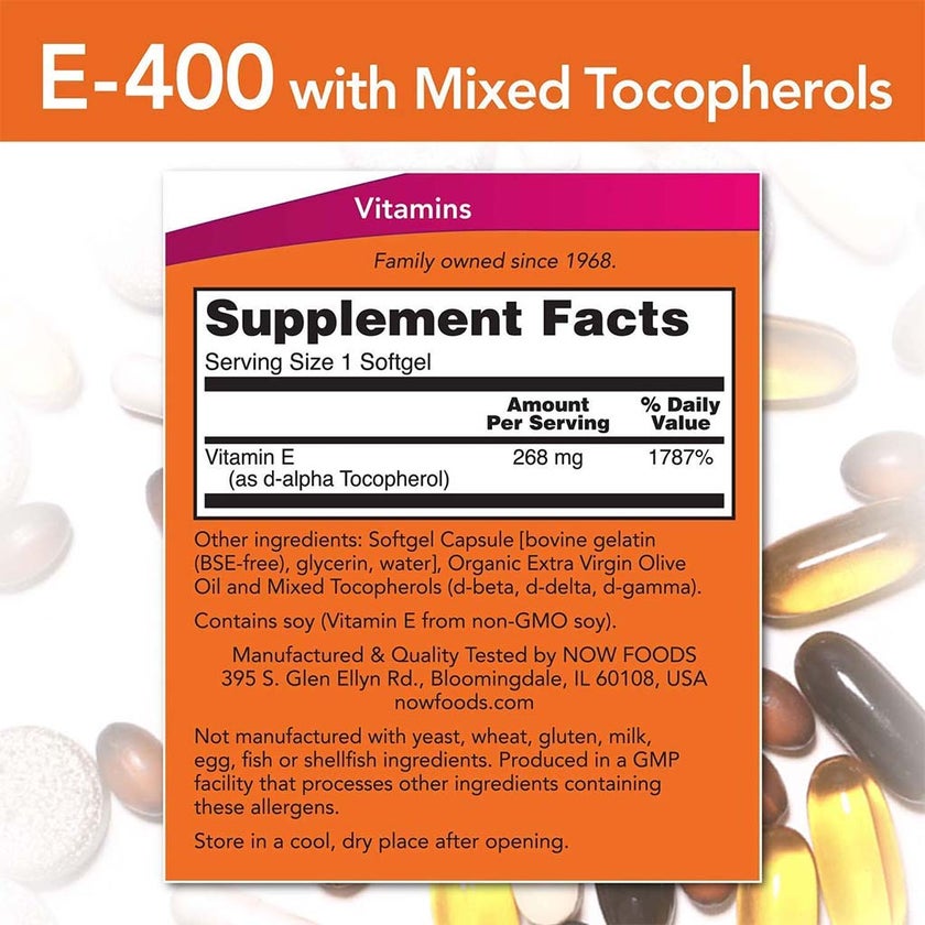 Now Natural E-400 Vitamin E Softgel For Antioxidant Protection, Pack of 100's