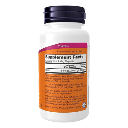 Now Biotin 5000 mcg Vegetarian Capsules For Energy Production, Pack of 60's